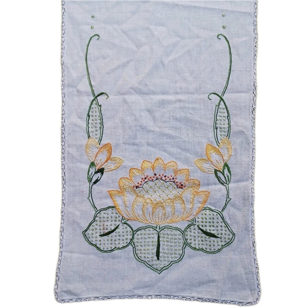Vintage Linen Dresser Scarf Yellow Lotus Lace